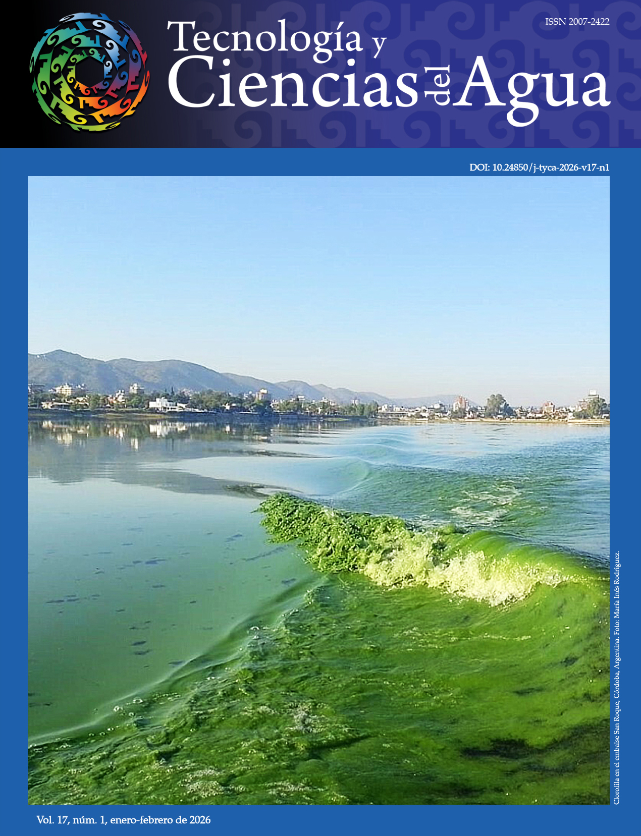 Portada del volumen 17, número 1, enero-febrero 2026 de la revista Tecnología y ciencias del agua. La fotografía es del mar con poco oleaje, con un tomo verde derivado de una concentración de clorofila en el agua en el embalse de San Roque en Córdoba Argentina. Fotografía por María Inés Rodriguez